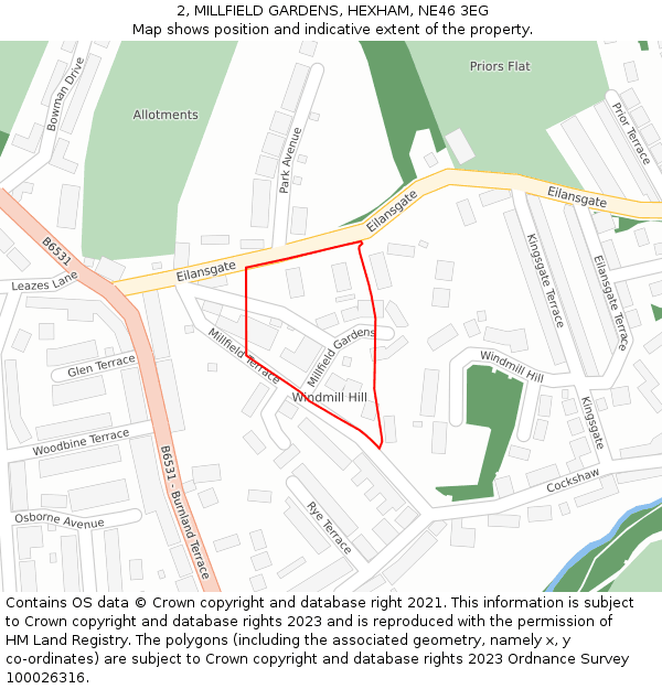 2, MILLFIELD GARDENS, HEXHAM, NE46 3EG: Location map and indicative extent of plot