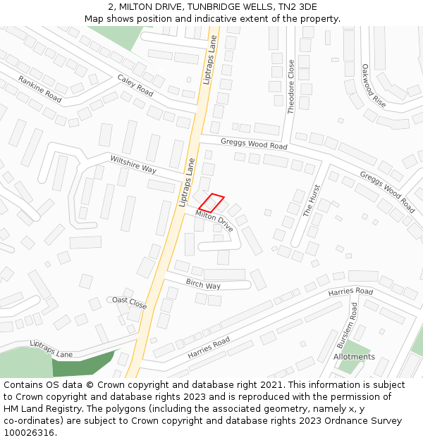 2, MILTON DRIVE, TUNBRIDGE WELLS, TN2 3DE: Location map and indicative extent of plot