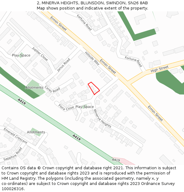 2, MINERVA HEIGHTS, BLUNSDON, SWINDON, SN26 8AB: Location map and indicative extent of plot