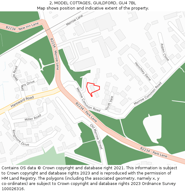 2, MODEL COTTAGES, GUILDFORD, GU4 7BL: Location map and indicative extent of plot