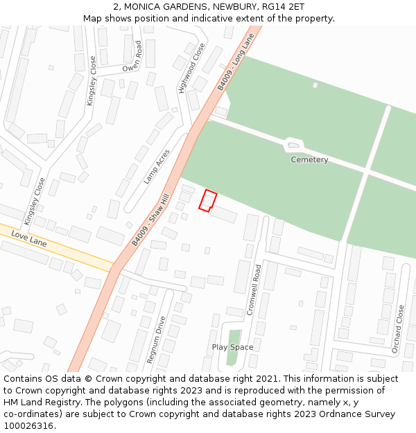 2, MONICA GARDENS, NEWBURY, RG14 2ET: Location map and indicative extent of plot