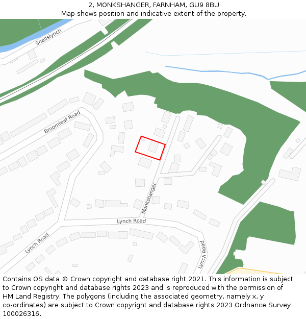 2, MONKSHANGER, FARNHAM, GU9 8BU: Location map and indicative extent of plot