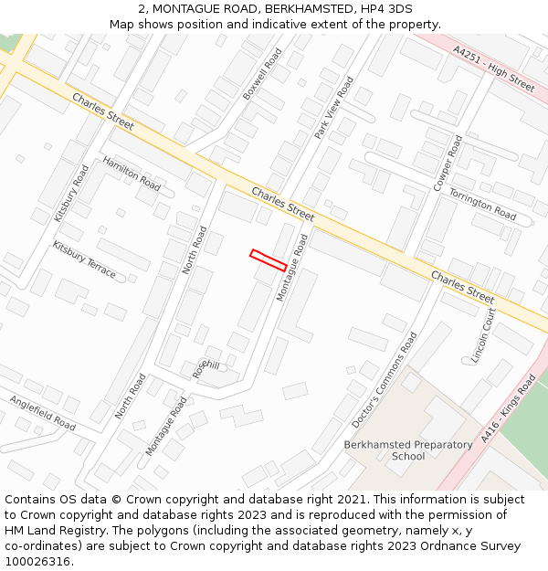 2, MONTAGUE ROAD, BERKHAMSTED, HP4 3DS: Location map and indicative extent of plot