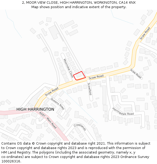 2, MOOR VIEW CLOSE, HIGH HARRINGTON, WORKINGTON, CA14 4NX: Location map and indicative extent of plot