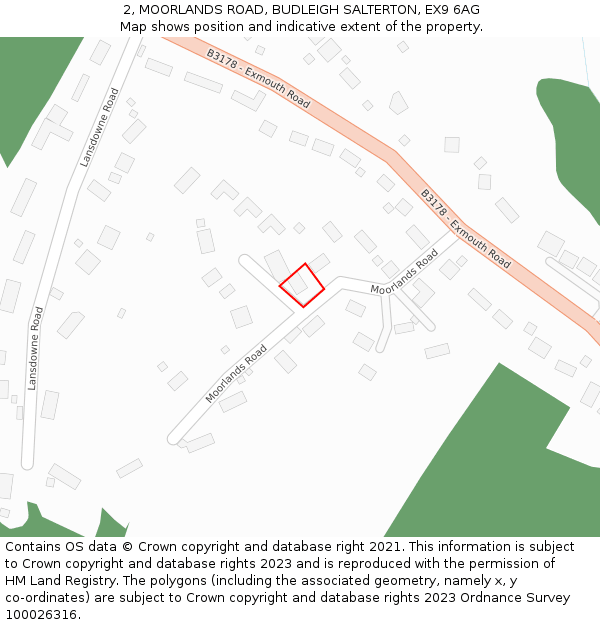 2, MOORLANDS ROAD, BUDLEIGH SALTERTON, EX9 6AG: Location map and indicative extent of plot