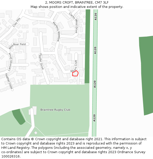 2, MOORS CROFT, BRAINTREE, CM7 3LF: Location map and indicative extent of plot