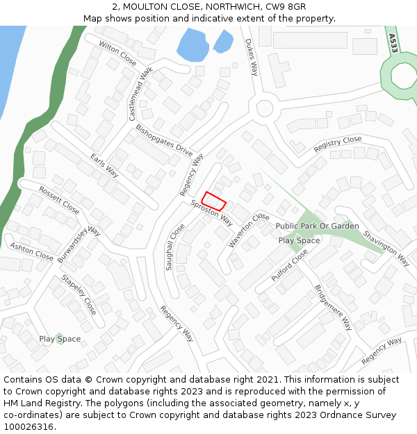 2, MOULTON CLOSE, NORTHWICH, CW9 8GR: Location map and indicative extent of plot