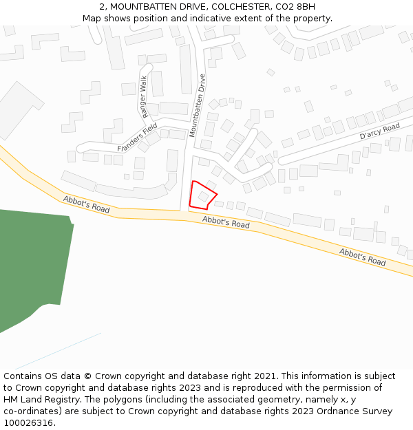 2, MOUNTBATTEN DRIVE, COLCHESTER, CO2 8BH: Location map and indicative extent of plot