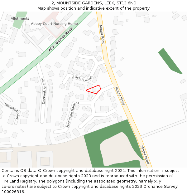 2, MOUNTSIDE GARDENS, LEEK, ST13 6ND: Location map and indicative extent of plot