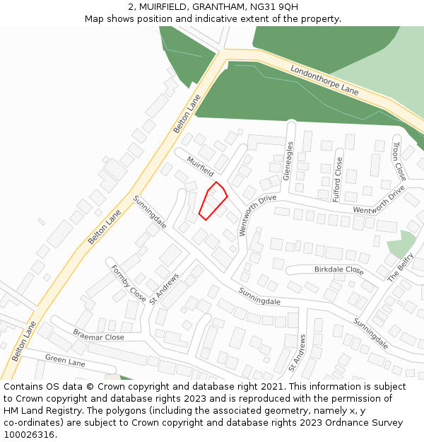 2, MUIRFIELD, GRANTHAM, NG31 9QH: Location map and indicative extent of plot