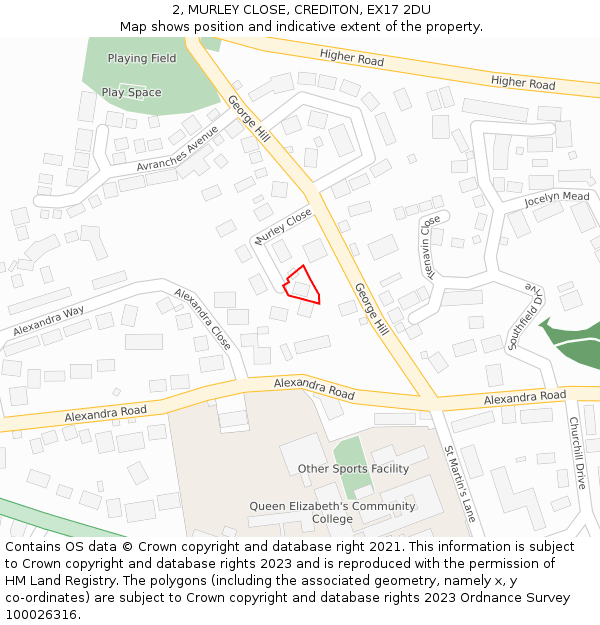 2, MURLEY CLOSE, CREDITON, EX17 2DU: Location map and indicative extent of plot