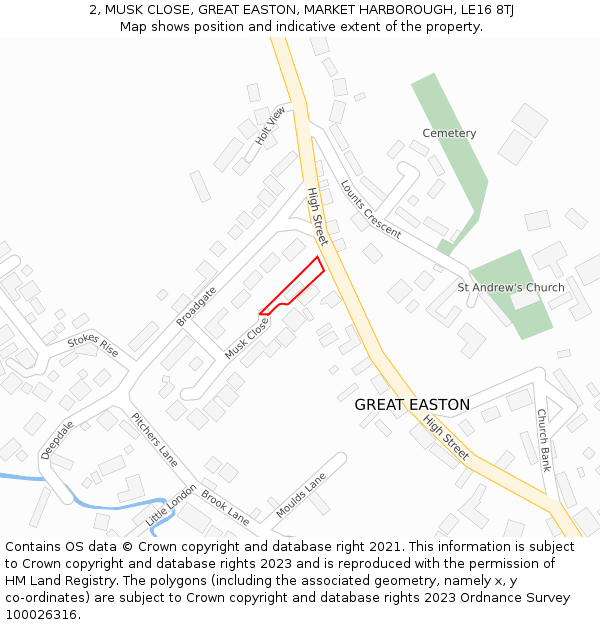 2, MUSK CLOSE, GREAT EASTON, MARKET HARBOROUGH, LE16 8TJ: Location map and indicative extent of plot