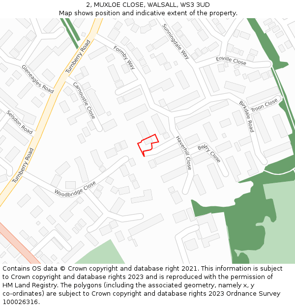 2, MUXLOE CLOSE, WALSALL, WS3 3UD: Location map and indicative extent of plot
