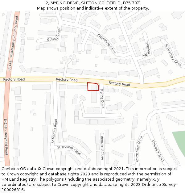 2, MYRING DRIVE, SUTTON COLDFIELD, B75 7RZ: Location map and indicative extent of plot