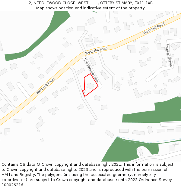 2, NEEDLEWOOD CLOSE, WEST HILL, OTTERY ST MARY, EX11 1XR: Location map and indicative extent of plot