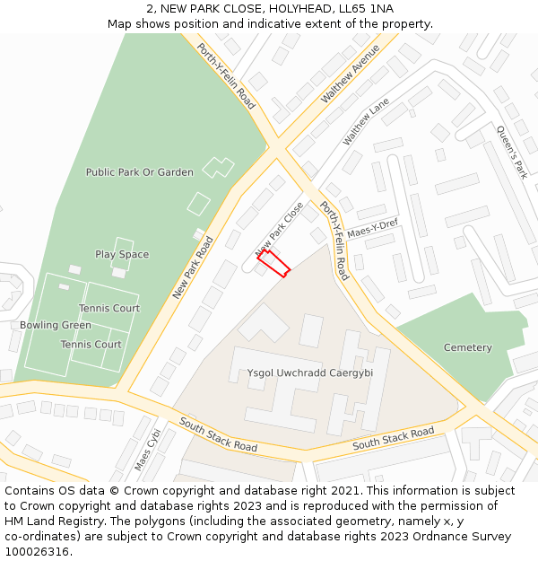 2, NEW PARK CLOSE, HOLYHEAD, LL65 1NA: Location map and indicative extent of plot