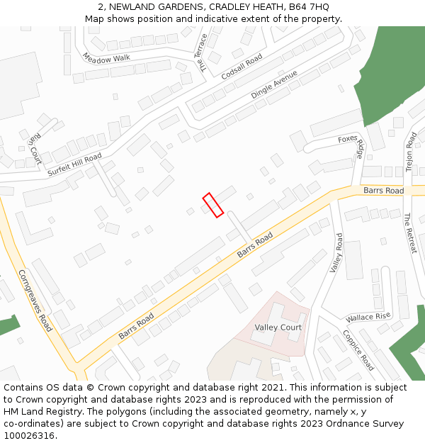 2, NEWLAND GARDENS, CRADLEY HEATH, B64 7HQ: Location map and indicative extent of plot