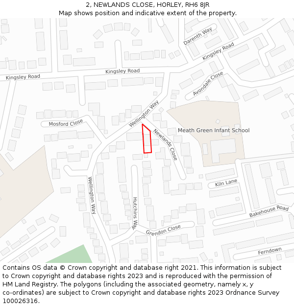 2, NEWLANDS CLOSE, HORLEY, RH6 8JR: Location map and indicative extent of plot