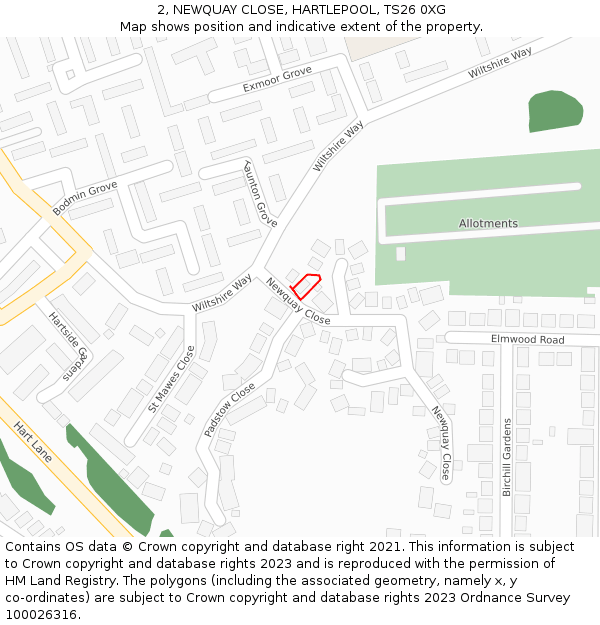 2, NEWQUAY CLOSE, HARTLEPOOL, TS26 0XG: Location map and indicative extent of plot