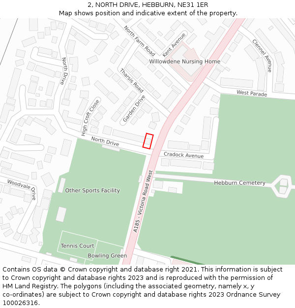 2, NORTH DRIVE, HEBBURN, NE31 1ER: Location map and indicative extent of plot