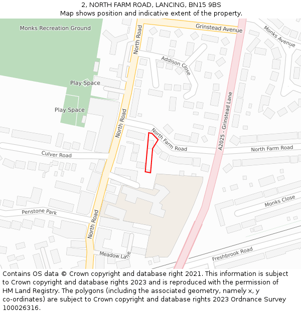 2, NORTH FARM ROAD, LANCING, BN15 9BS: Location map and indicative extent of plot