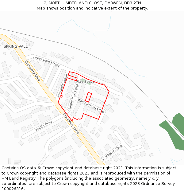 2, NORTHUMBERLAND CLOSE, DARWEN, BB3 2TN: Location map and indicative extent of plot