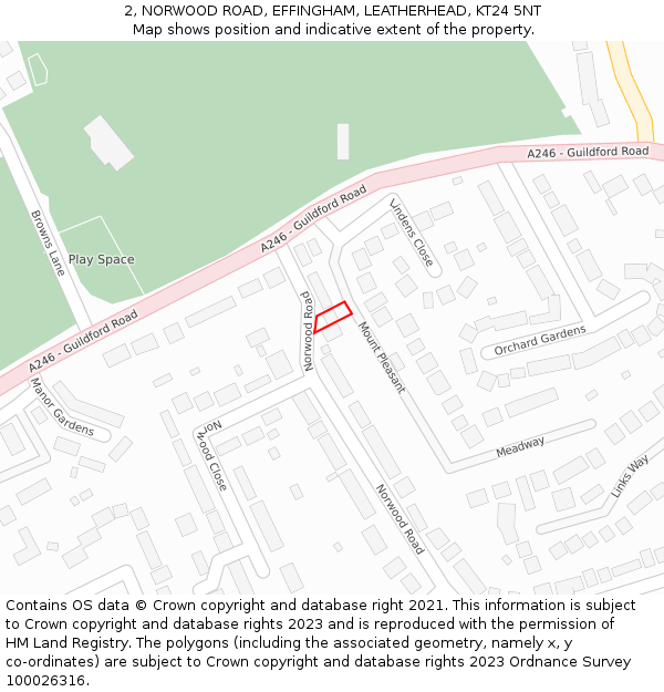 2, NORWOOD ROAD, EFFINGHAM, LEATHERHEAD, KT24 5NT: Location map and indicative extent of plot