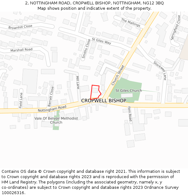 2, NOTTINGHAM ROAD, CROPWELL BISHOP, NOTTINGHAM, NG12 3BQ: Location map and indicative extent of plot