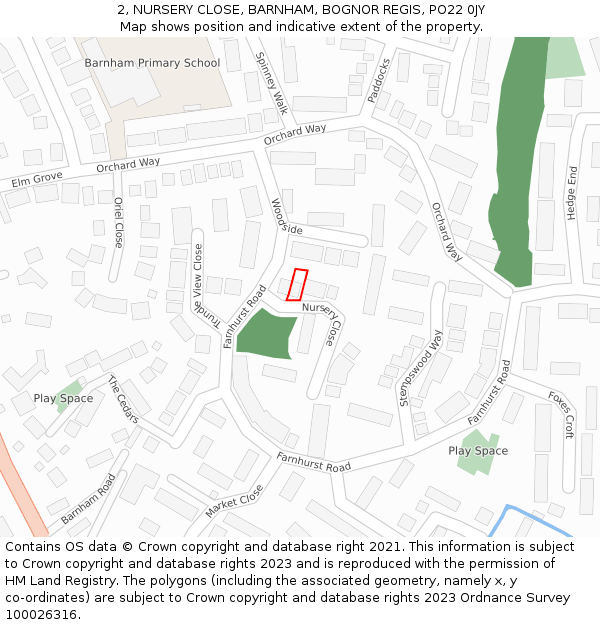 2, NURSERY CLOSE, BARNHAM, BOGNOR REGIS, PO22 0JY: Location map and indicative extent of plot