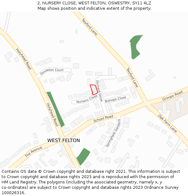 2, NURSERY CLOSE, WEST FELTON, OSWESTRY, SY11 4LZ: Location map and indicative extent of plot