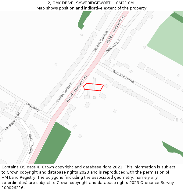 2, OAK DRIVE, SAWBRIDGEWORTH, CM21 0AH: Location map and indicative extent of plot