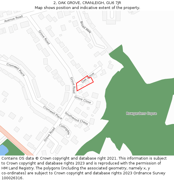 2, OAK GROVE, CRANLEIGH, GU6 7JR: Location map and indicative extent of plot