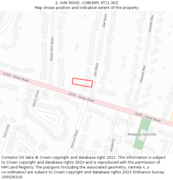 2, OAK ROAD, COBHAM, KT11 3AZ: Location map and indicative extent of plot