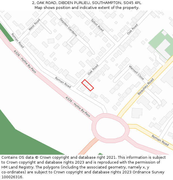 2, OAK ROAD, DIBDEN PURLIEU, SOUTHAMPTON, SO45 4PL: Location map and indicative extent of plot