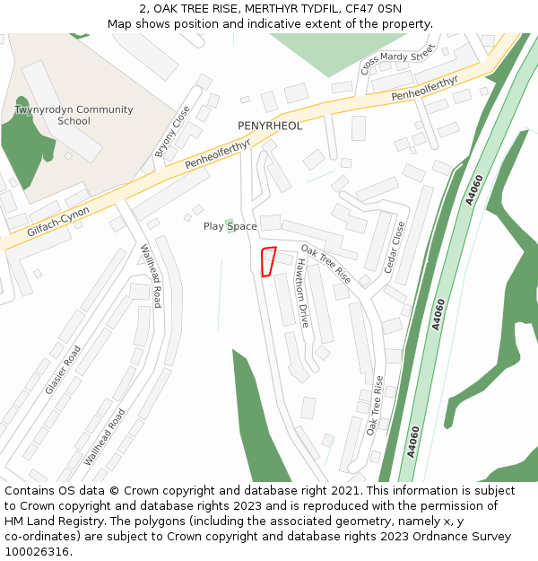 2, OAK TREE RISE, MERTHYR TYDFIL, CF47 0SN: Location map and indicative extent of plot