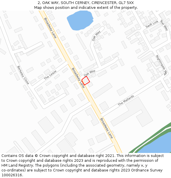 2, OAK WAY, SOUTH CERNEY, CIRENCESTER, GL7 5XX: Location map and indicative extent of plot