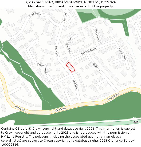 2, OAKDALE ROAD, BROADMEADOWS, ALFRETON, DE55 3PA: Location map and indicative extent of plot