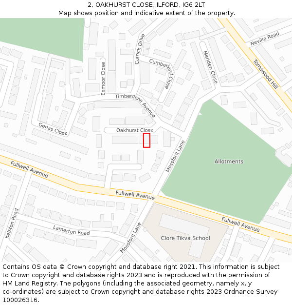 2, OAKHURST CLOSE, ILFORD, IG6 2LT: Location map and indicative extent of plot