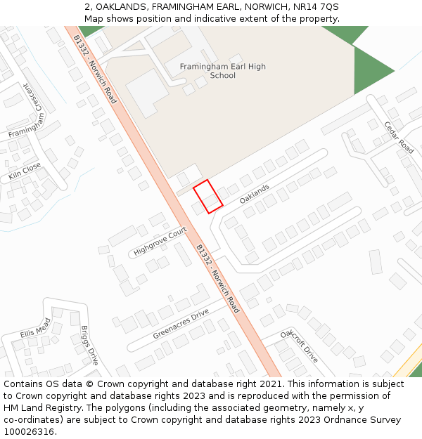 2, OAKLANDS, FRAMINGHAM EARL, NORWICH, NR14 7QS: Location map and indicative extent of plot