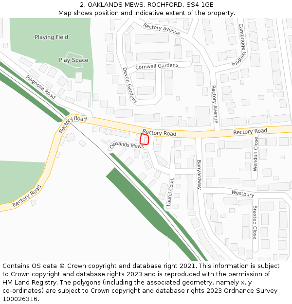 2, OAKLANDS MEWS, ROCHFORD, SS4 1GE: Location map and indicative extent of plot