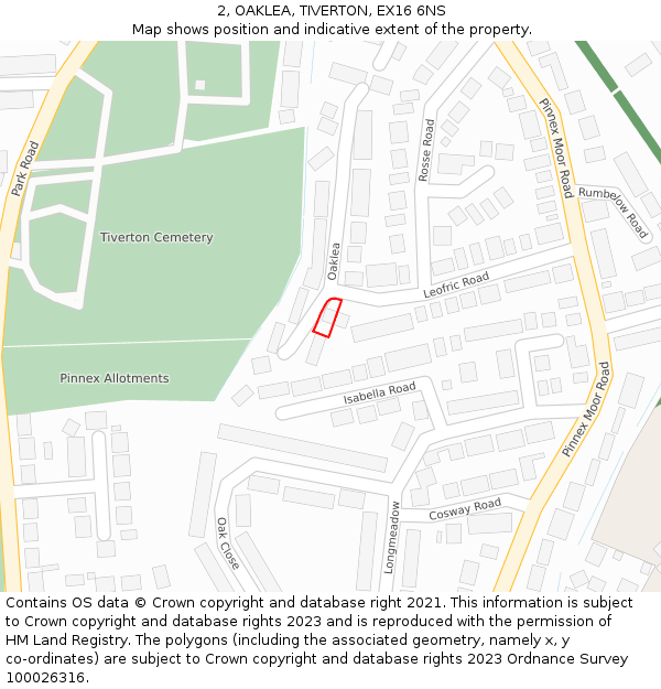 2, OAKLEA, TIVERTON, EX16 6NS: Location map and indicative extent of plot