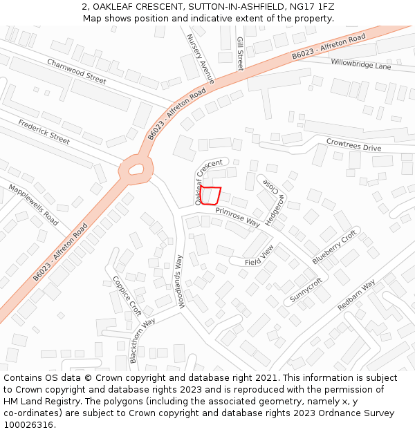 2, OAKLEAF CRESCENT, SUTTON-IN-ASHFIELD, NG17 1FZ: Location map and indicative extent of plot