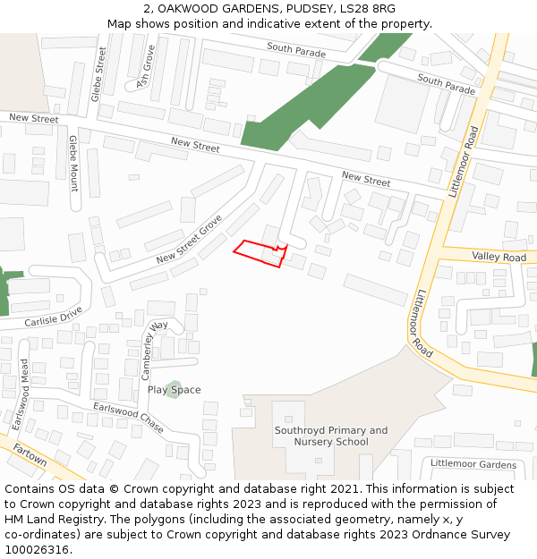 2, OAKWOOD GARDENS, PUDSEY, LS28 8RG: Location map and indicative extent of plot