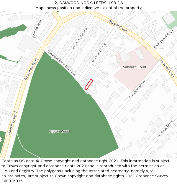 2, OAKWOOD NOOK, LEEDS, LS8 2JA: Location map and indicative extent of plot