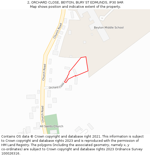 2, ORCHARD CLOSE, BEYTON, BURY ST EDMUNDS, IP30 9AR: Location map and indicative extent of plot