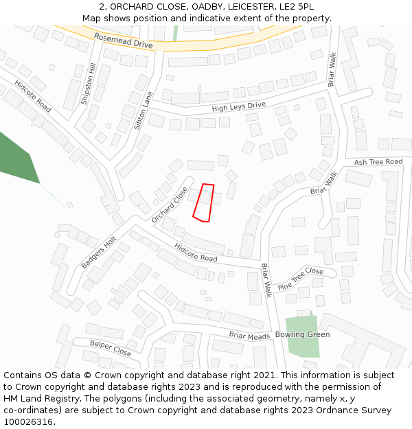 2, ORCHARD CLOSE, OADBY, LEICESTER, LE2 5PL: Location map and indicative extent of plot