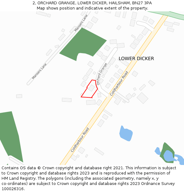 2, ORCHARD GRANGE, LOWER DICKER, HAILSHAM, BN27 3PA: Location map and indicative extent of plot