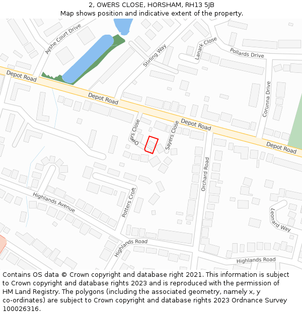 2, OWERS CLOSE, HORSHAM, RH13 5JB: Location map and indicative extent of plot