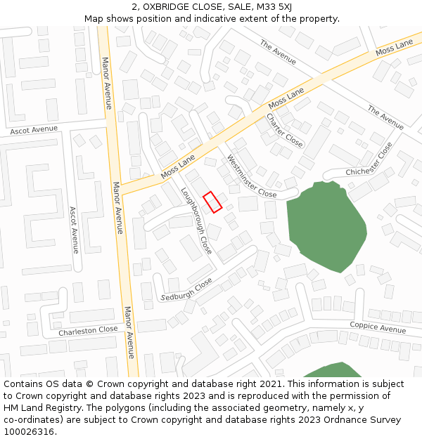 2, OXBRIDGE CLOSE, SALE, M33 5XJ: Location map and indicative extent of plot