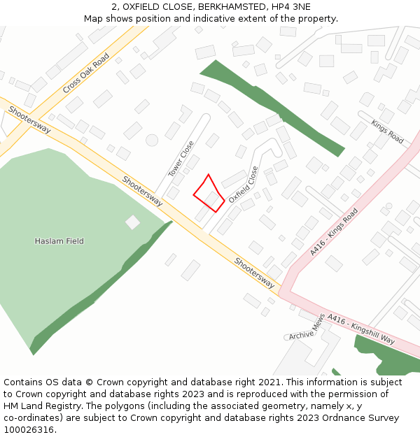2, OXFIELD CLOSE, BERKHAMSTED, HP4 3NE: Location map and indicative extent of plot